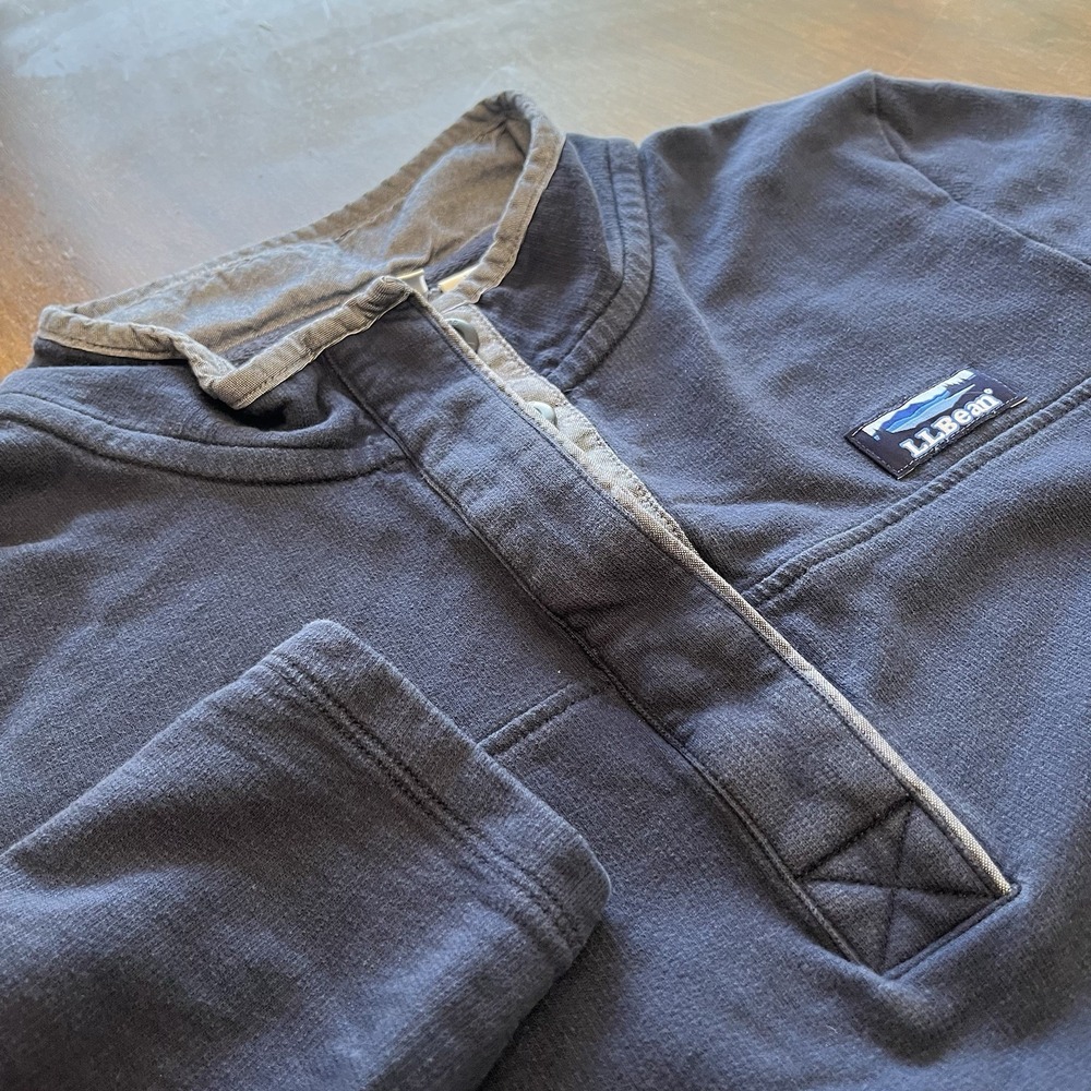 L.L. Bean Mens L Soft Cotton Rugby Henley Sweater Blue Gray Trim 501541